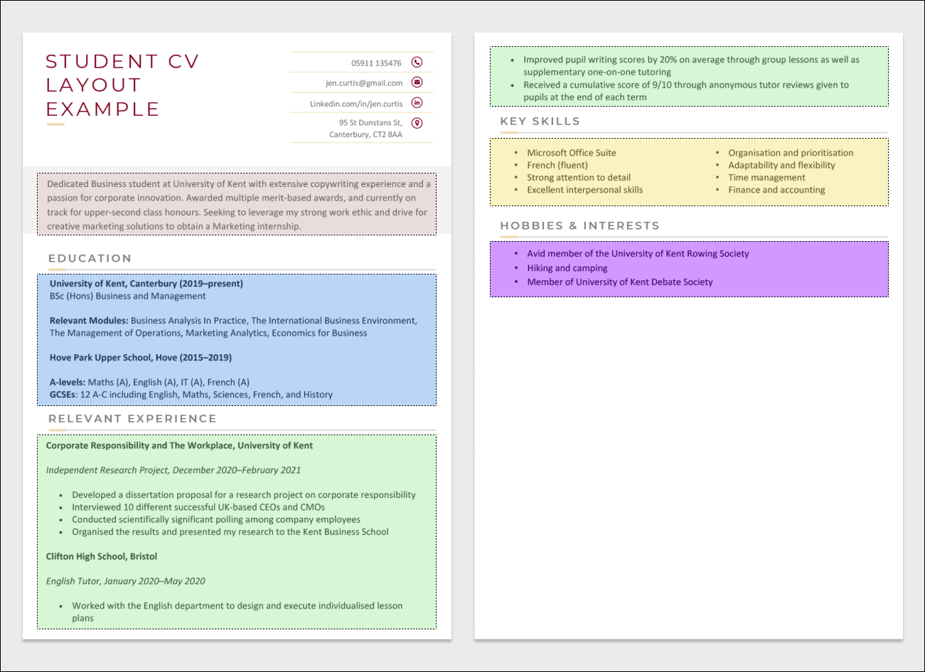 Example of a two-page student CV displayed side-by-side on a light grey background and coloured CV sections to illustrate how a student CV layout should look like