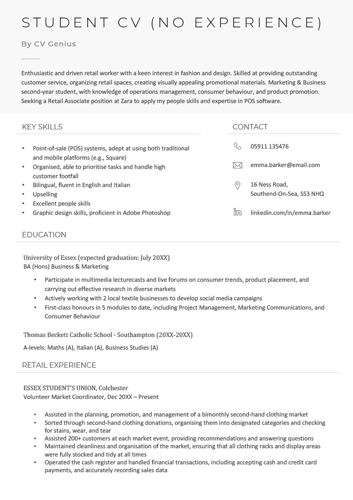 A no experience student CV that highlights the applicant's abilities by focusing on their education and other relevant experiences