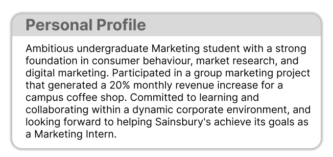 A CV personal profile example for students with a grey section heading.