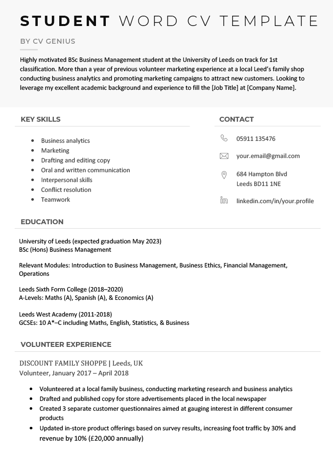 A Word CV template with two-toned header text and two columns under the personal statement for skills and contact information.