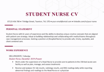 The first page of a student nurse CV example on a template with burgundy coloured headers to accentuate each CV section