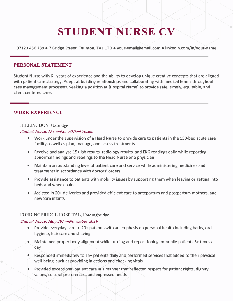 The first page of a student nurse CV example on a template with burgundy coloured headers to accentuate each CV section