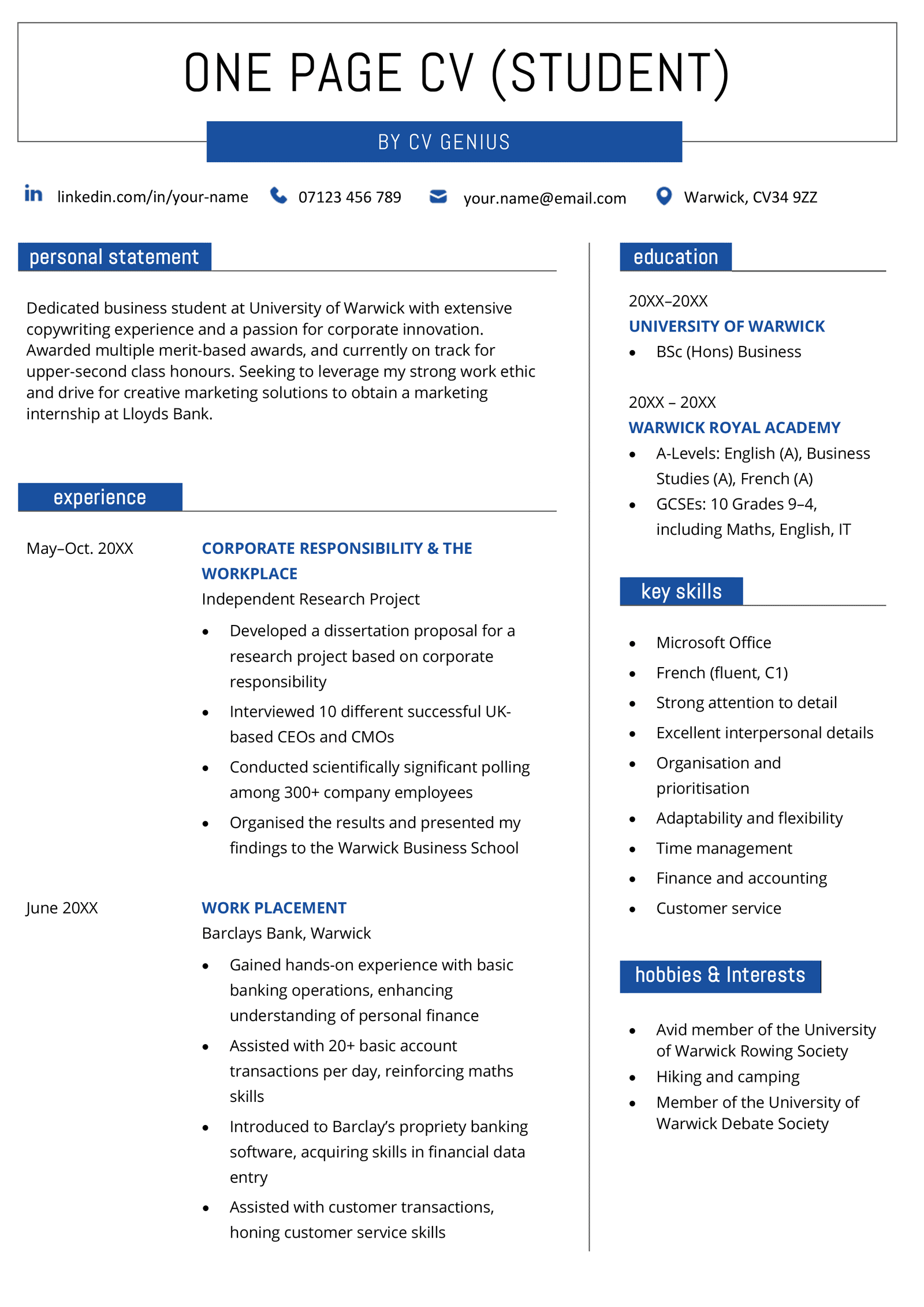 A one-page CV template for students on white paper with black text, grey highlights.