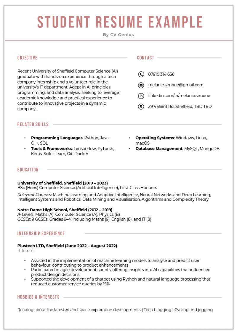A resume example with pink header text, two columns for the objective, contact, and skills sections, and left-aligned work experience and education details.