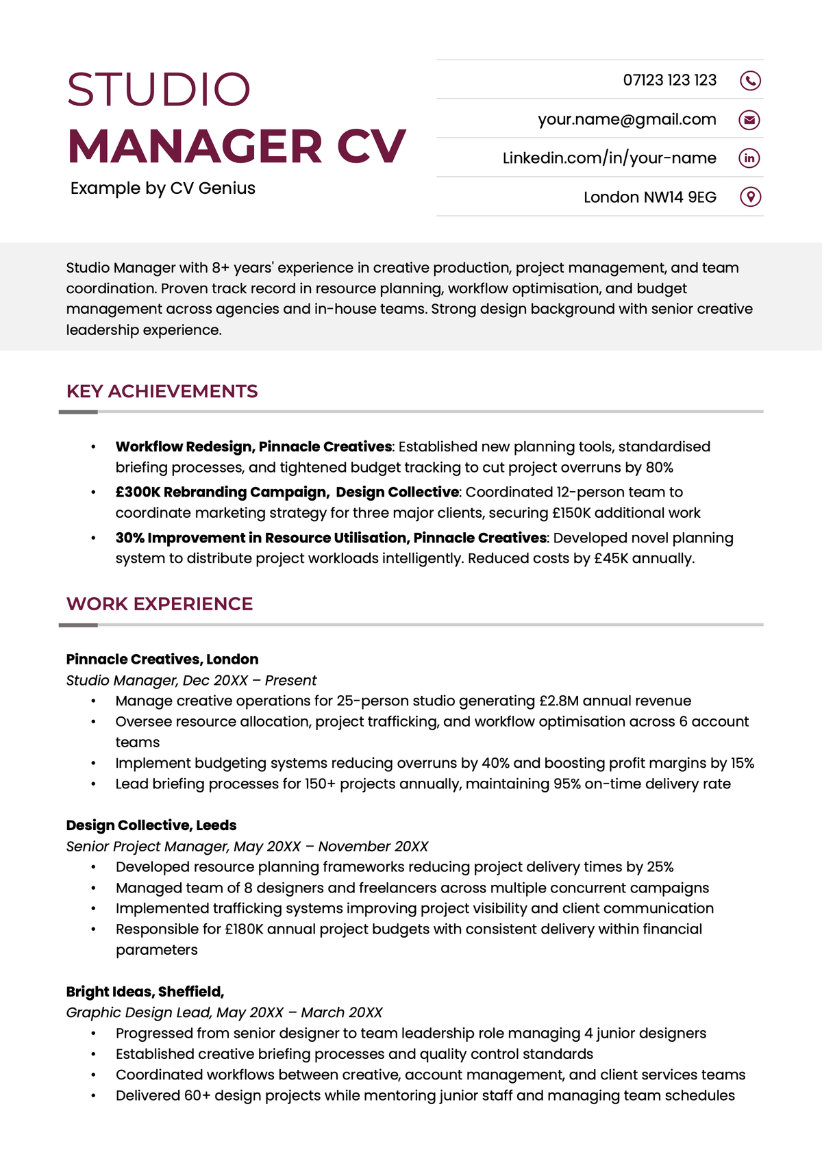 An example studio manager CV