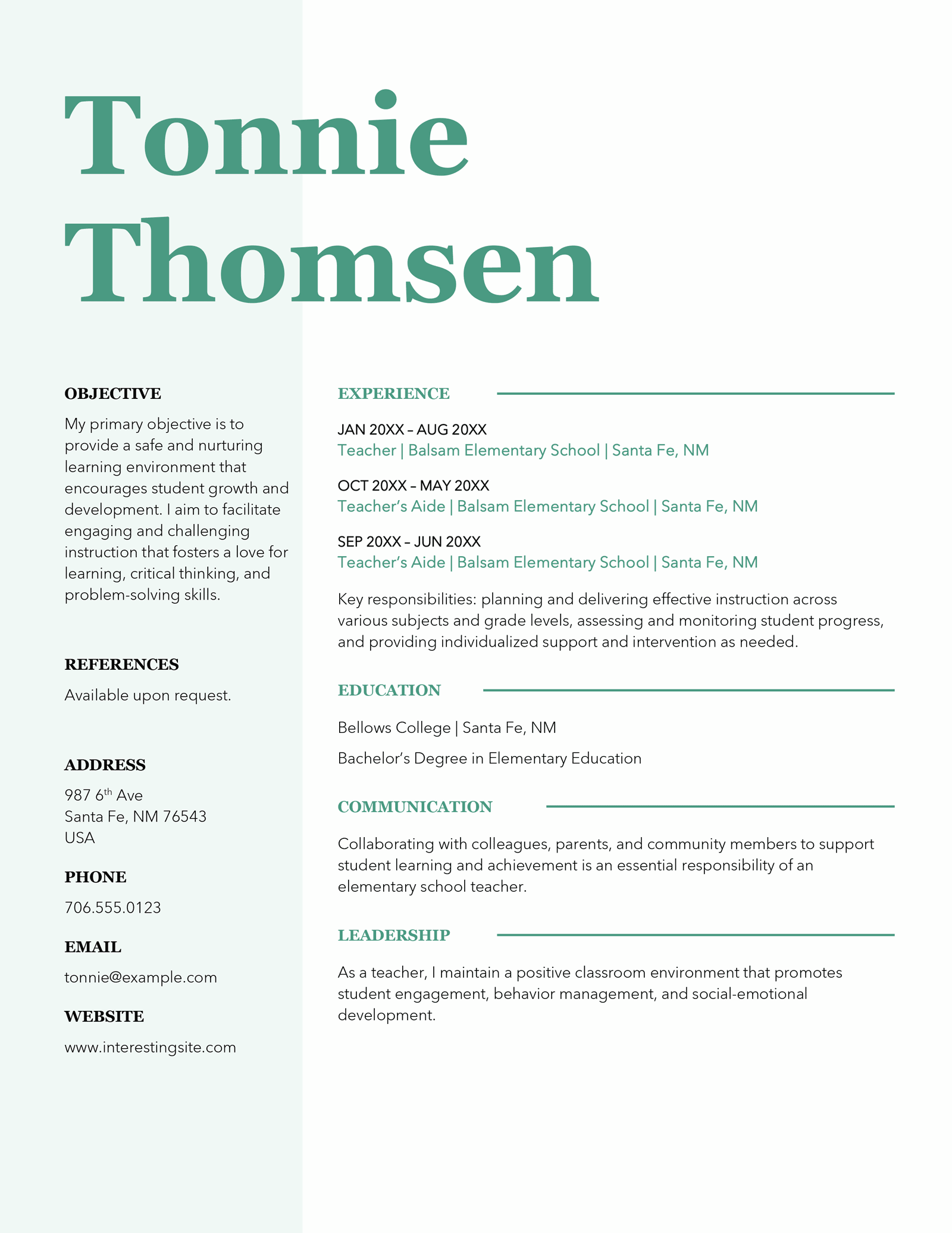 Stylish CV template from Microsoft Word with a light green header and sidebar, and a two-column layout.
