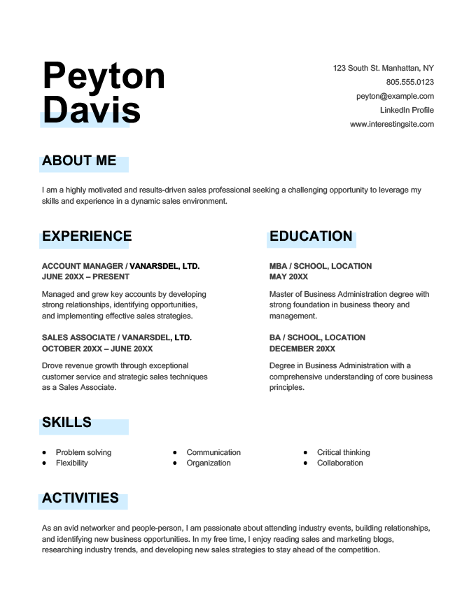 An MS Word CV template with extra-large header text and subtle colour highlights.