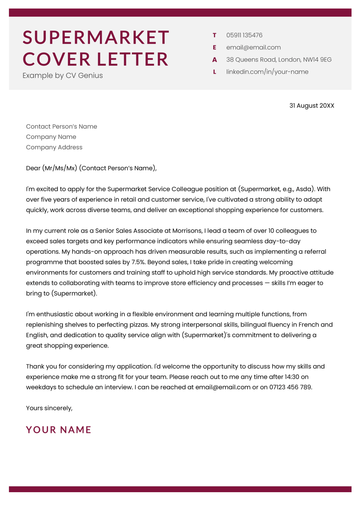 A supermarket cover letter example for UK job seekers.