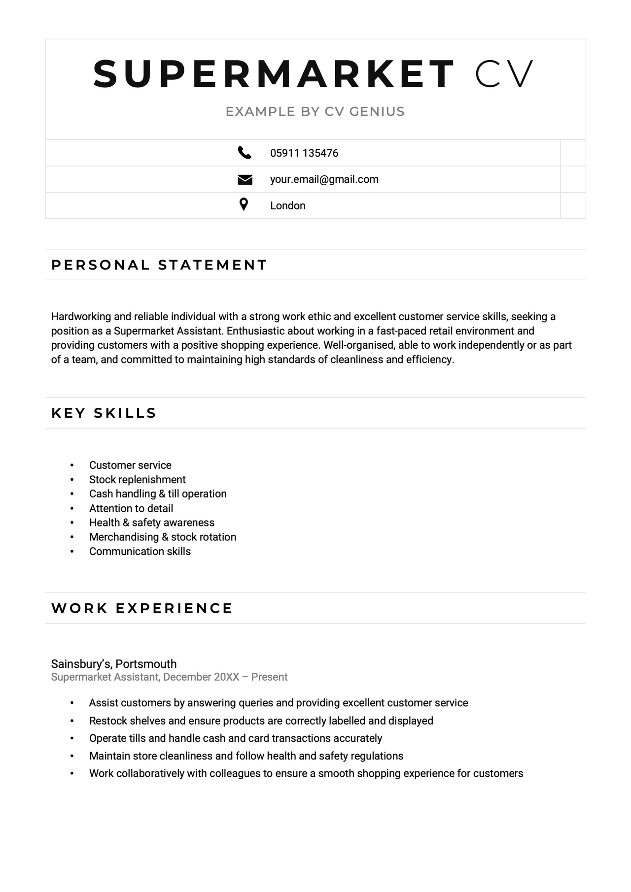 The first page of a supermarket CV example.