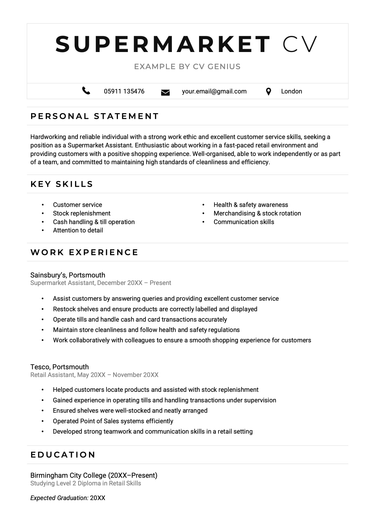 The first page of a supermarket CV example.