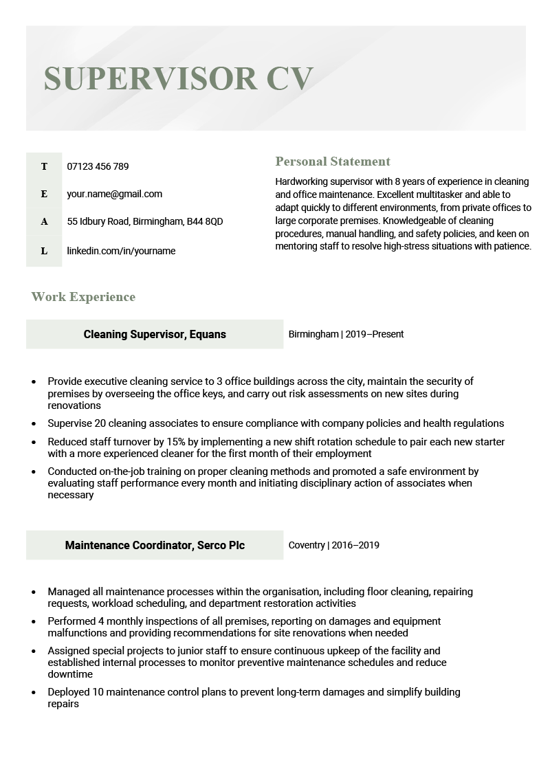 personal statement for supervisor job