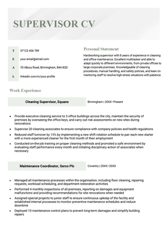 The first page of a supervisor CV example with a green header and sections for the applicant's contact information, personal statement, and work experience