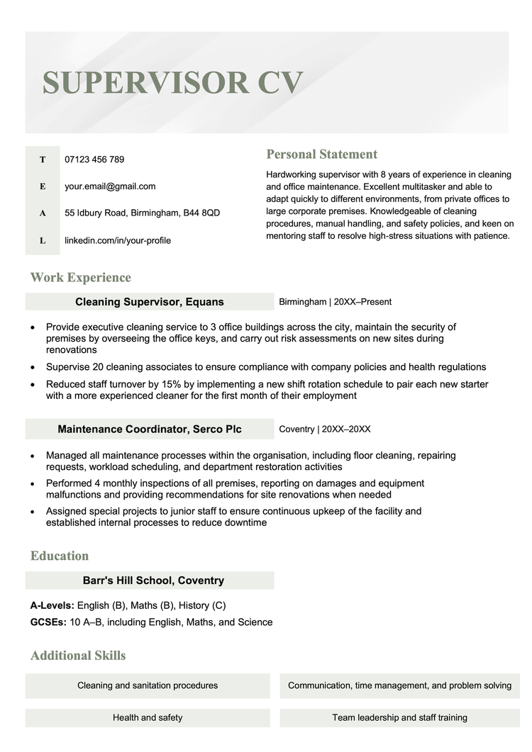 A supervisor CV example with a green header and sections for the applicant's contact information, personal statement, and work experience.