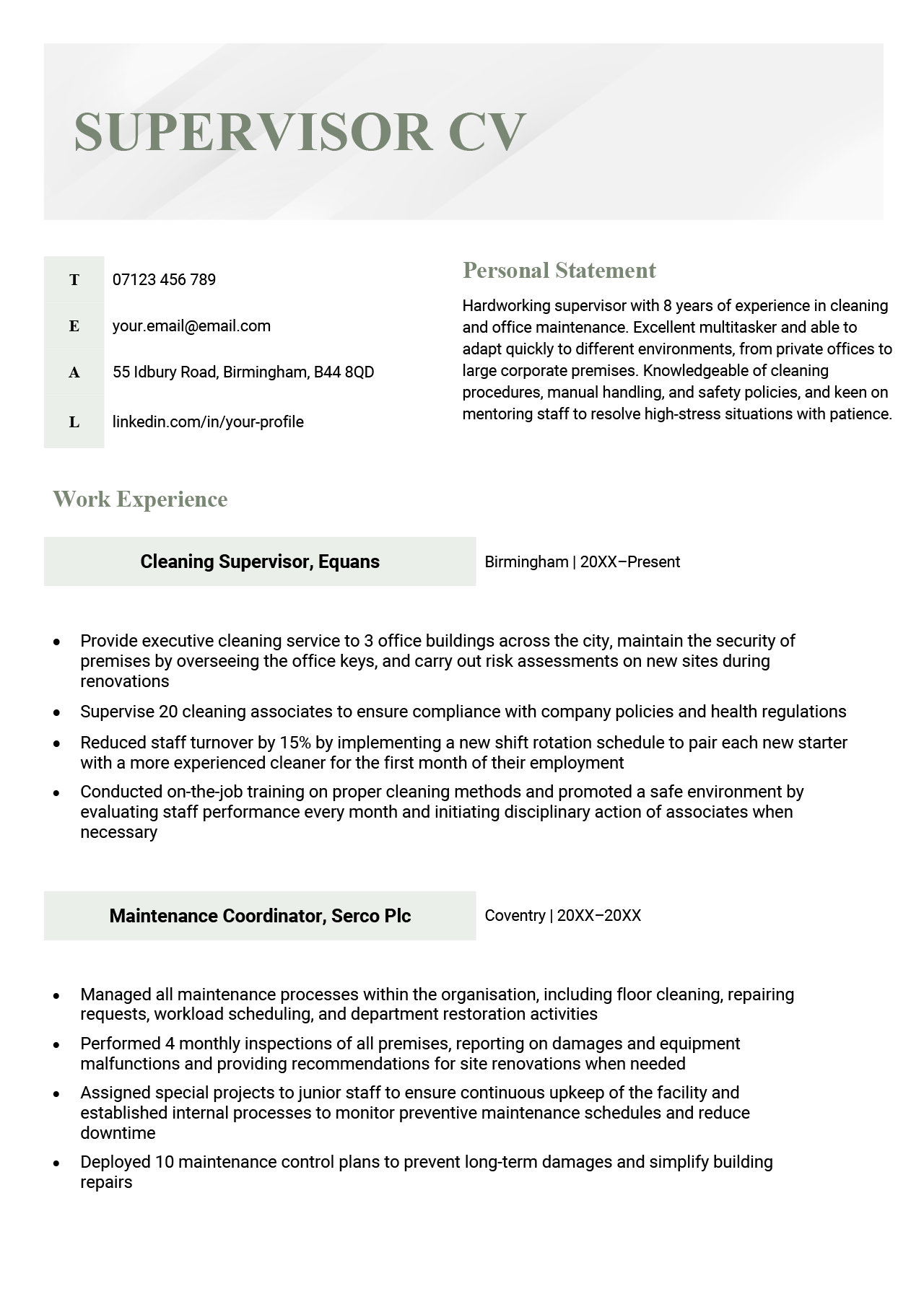 The first page of a supervisor CV example with a green header and sections for the applicant's contact information, personal statement, and work experience