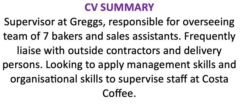 A CV summary for a supervisor with a purple title.
