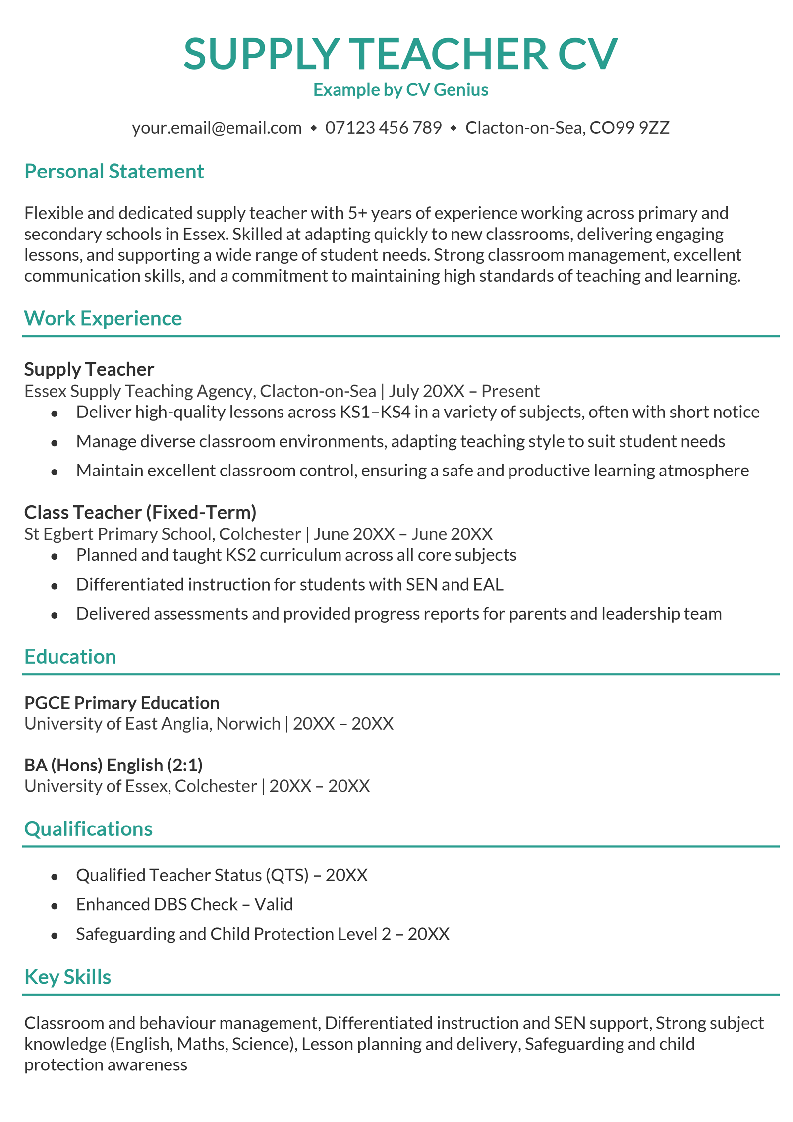 A supply teacher CV template.