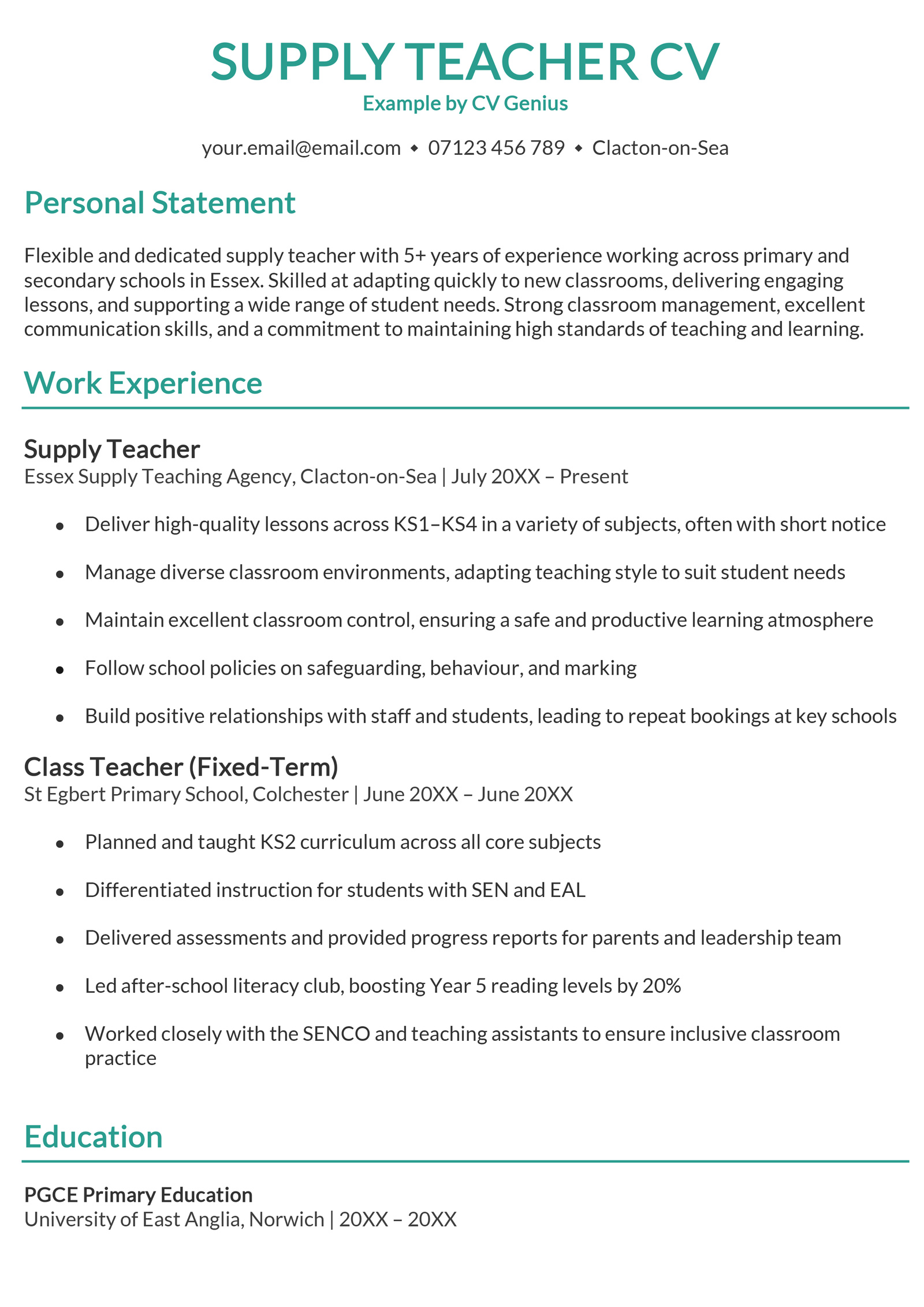 A supply teacher CV template.