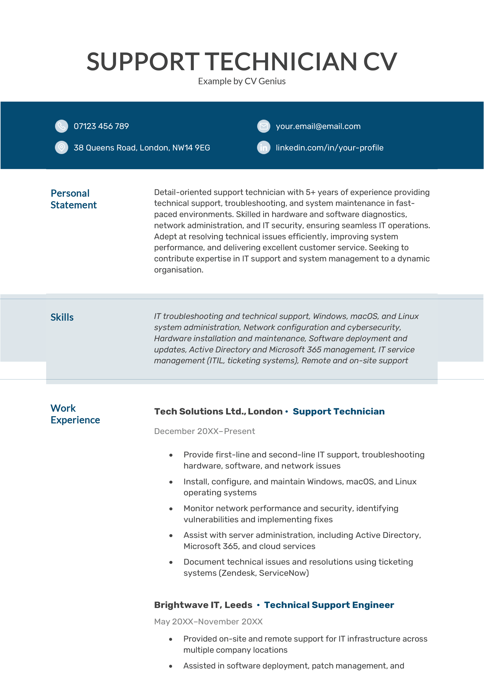 A support technician CV example.