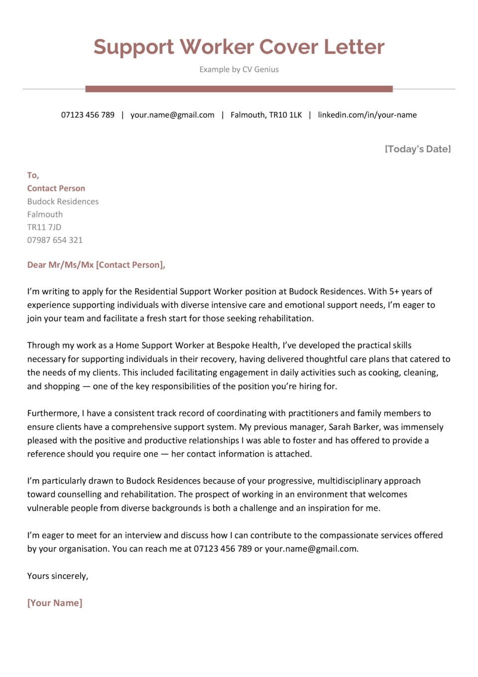 An example support worker cover letter with a maroon header and a few paragraphs of text outlining the applicant's skills and experience.