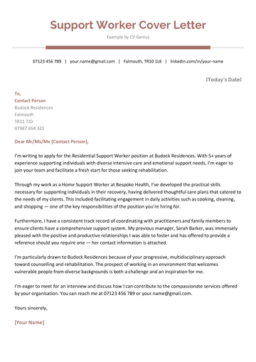 An example support worker cover letter with a maroon header and a few paragraphs of text outlining the applicant's skills and experience.