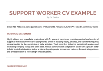 A support worker CV example using a pale-red template, written by a candidate with over five years of experience.