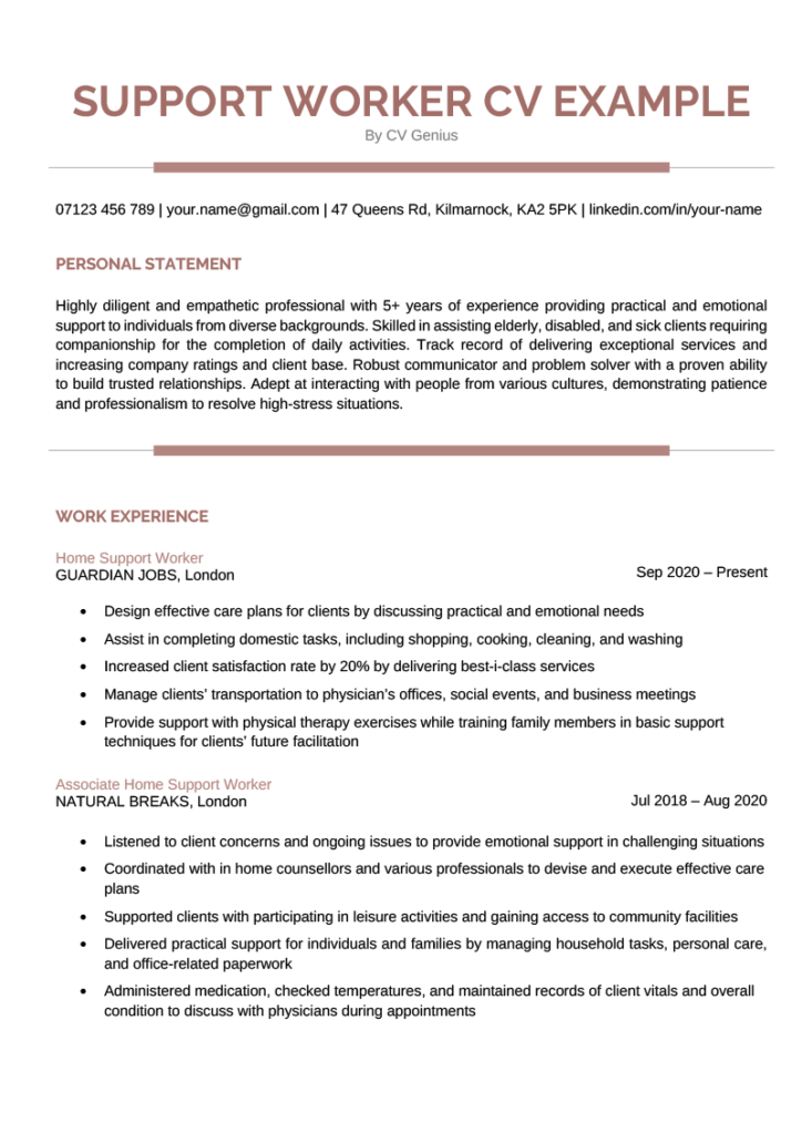 resume examples for disability support worker