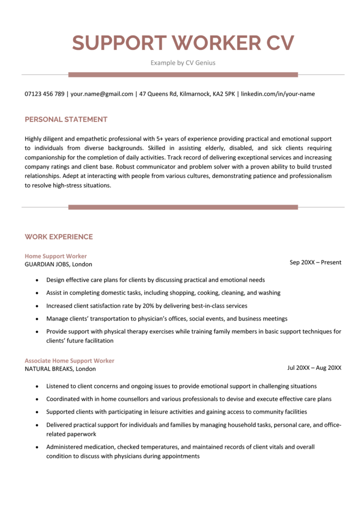 Support Worker CV Example Template Free Download 