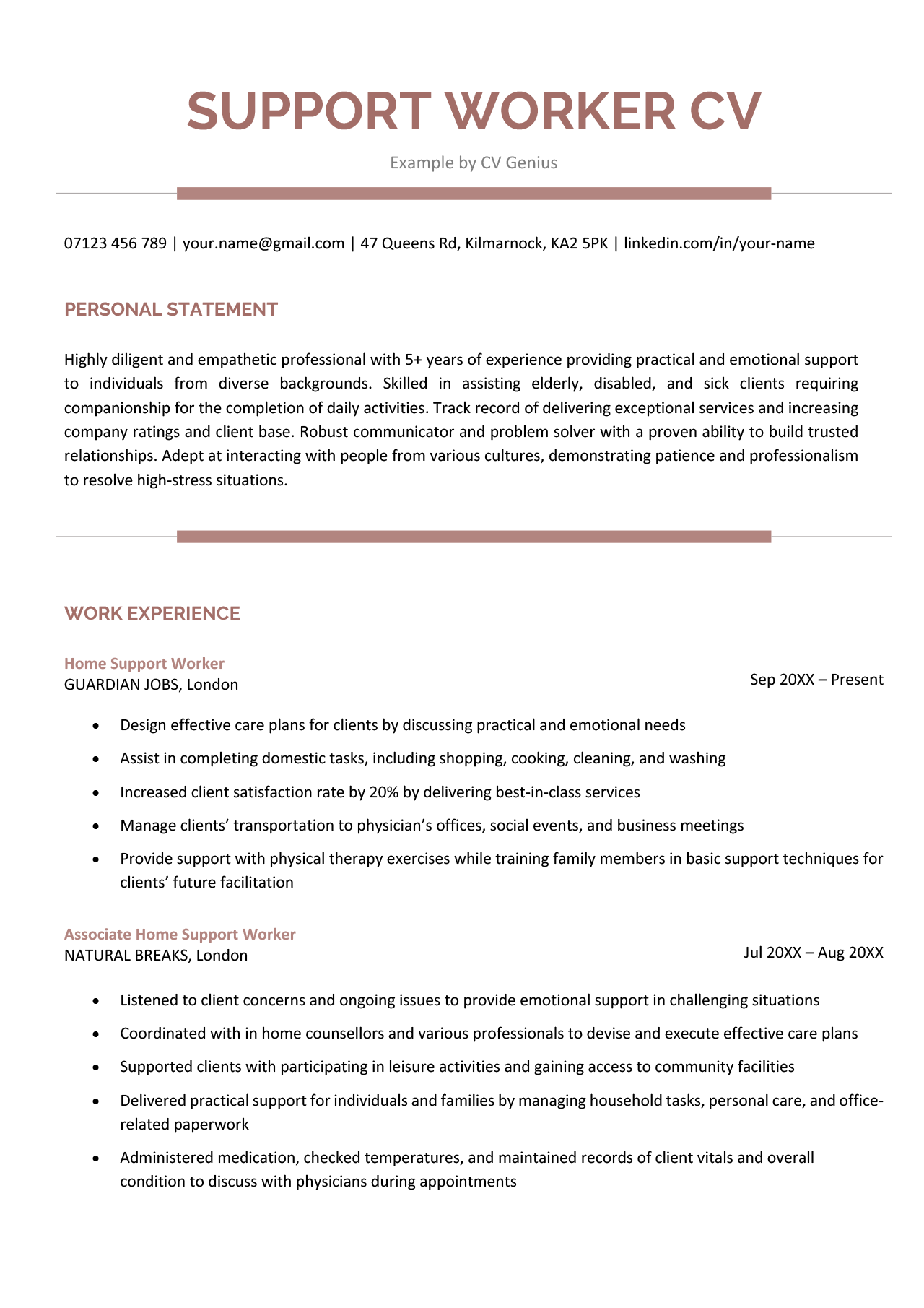 A support worker CV example with maroon header text.