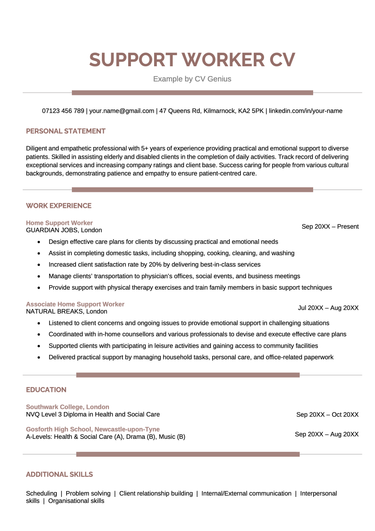 A support worker CV example with maroon header text.