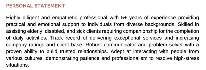 A screenshot of a personal statement on a support worker CV