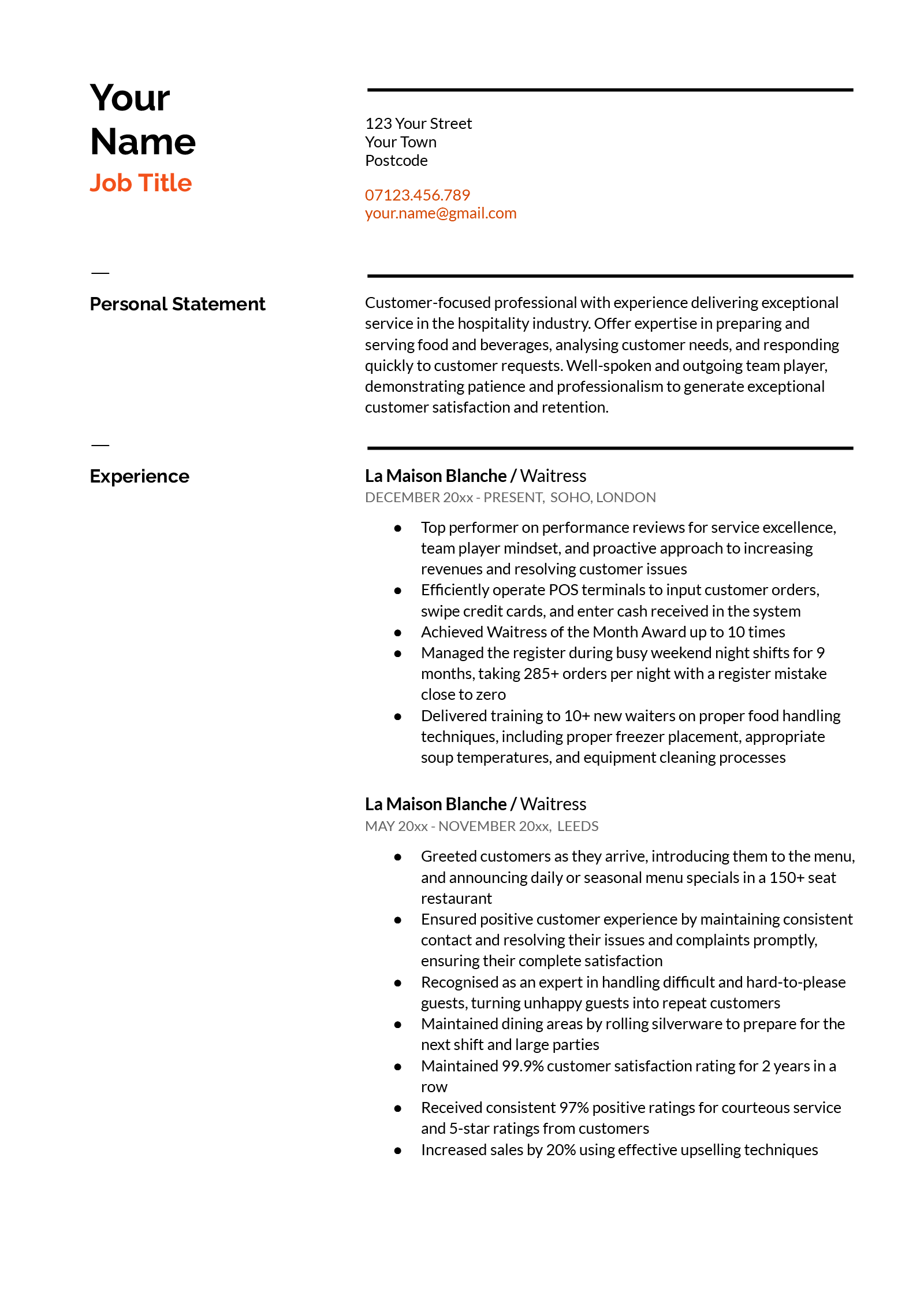 An example of the Swiss Google Docs CV template