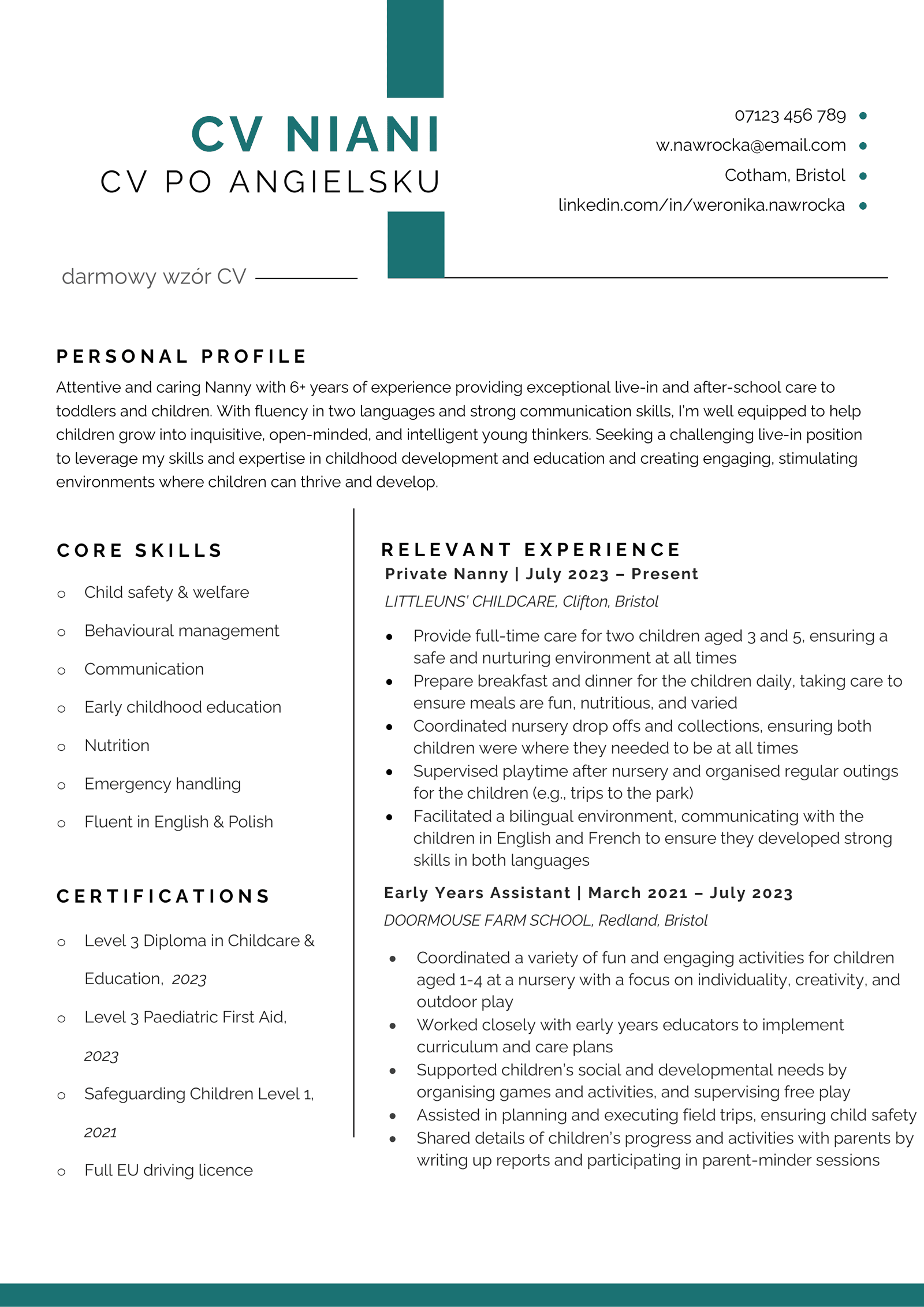 Przykładowy szablon CV niani w języku angielskim, wykorzystuje subtelną zieloną kolorystykę i zapewnia dużo miejsca na umiejętności, doświadczenie i certyfikaty.