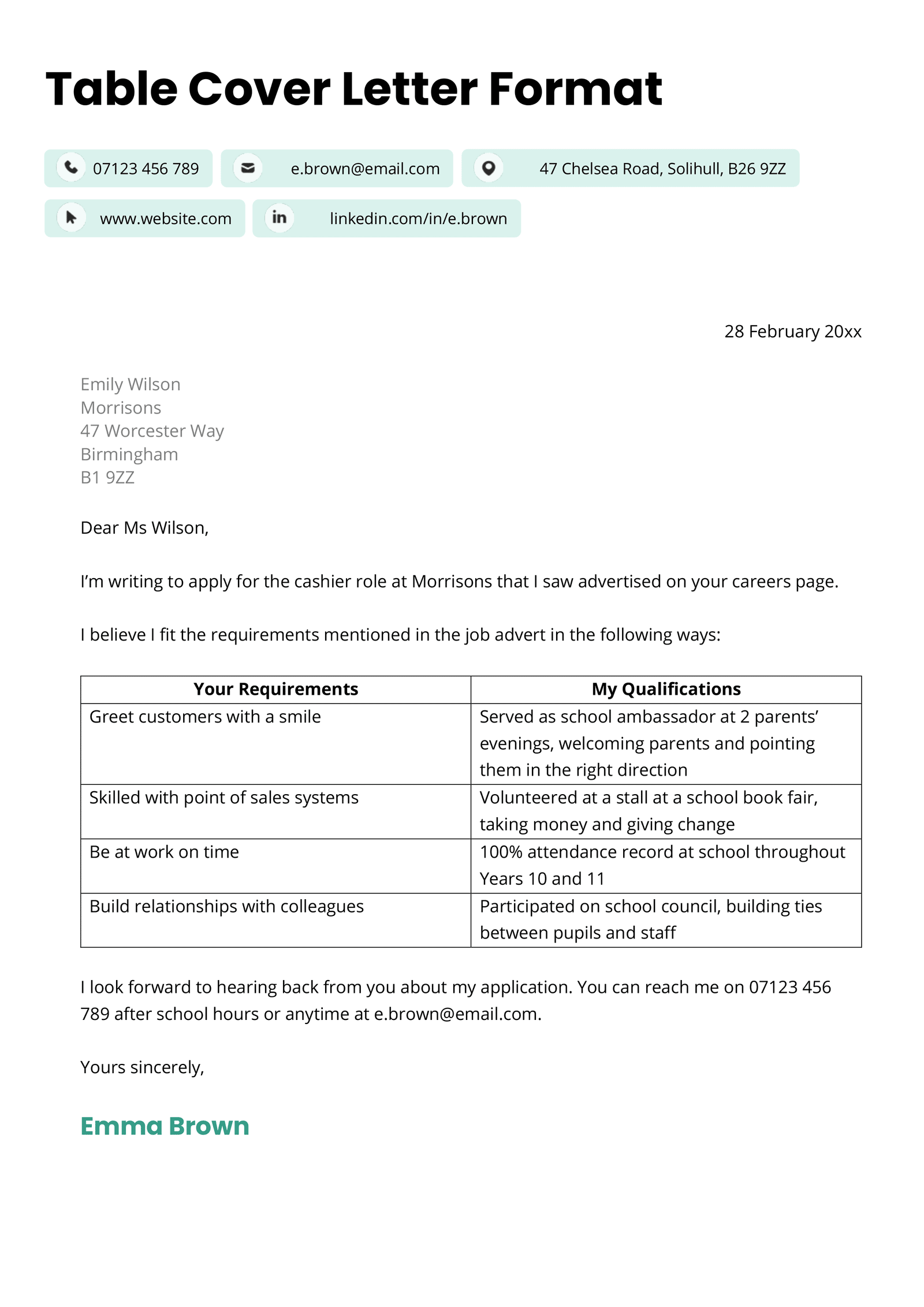 A cover letter for the UK that uses a table format to convey the applicant's skills, successes, and career highlights in an easy-to-read format