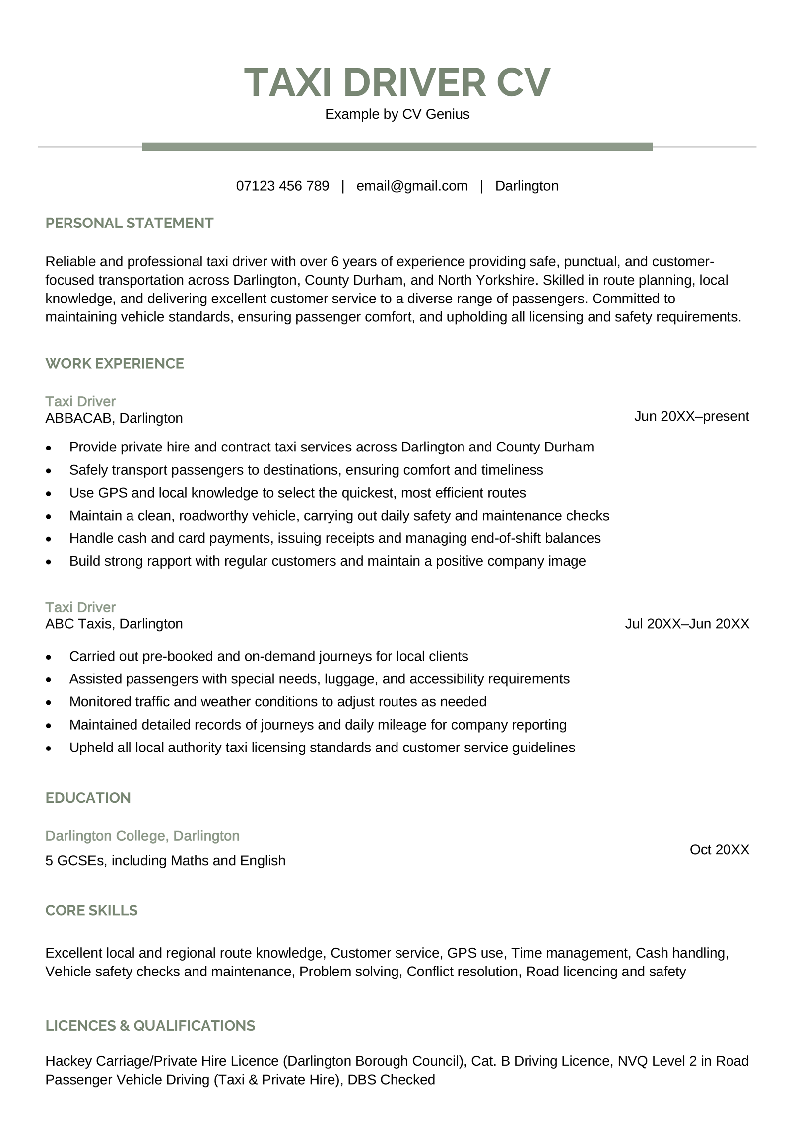 A taxi driver CV example.