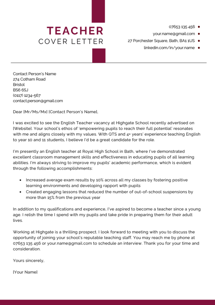 cover letter examples for teachers leaving the profession