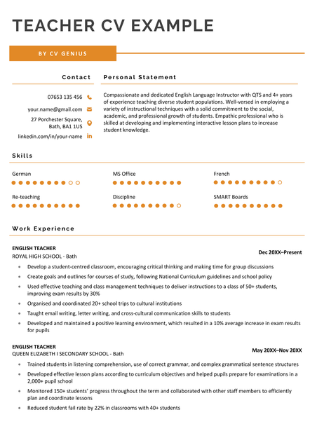 A teacher CV example in the Coventry CV template.