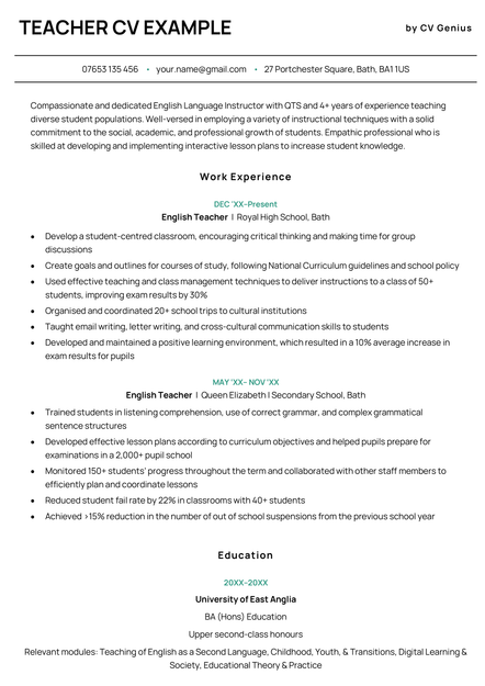 A teacher CV example in the Sheffield CV template.