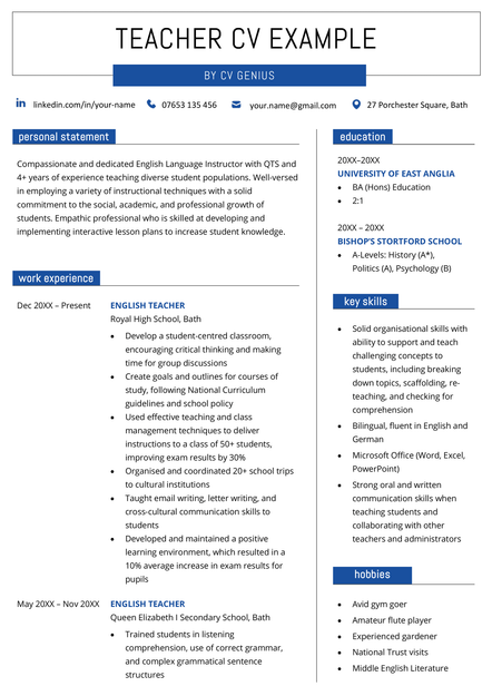 A teacher CV example in the Wells CV template.
