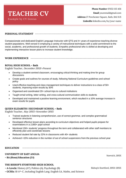 A teacher CV example in the Westminster CV template.