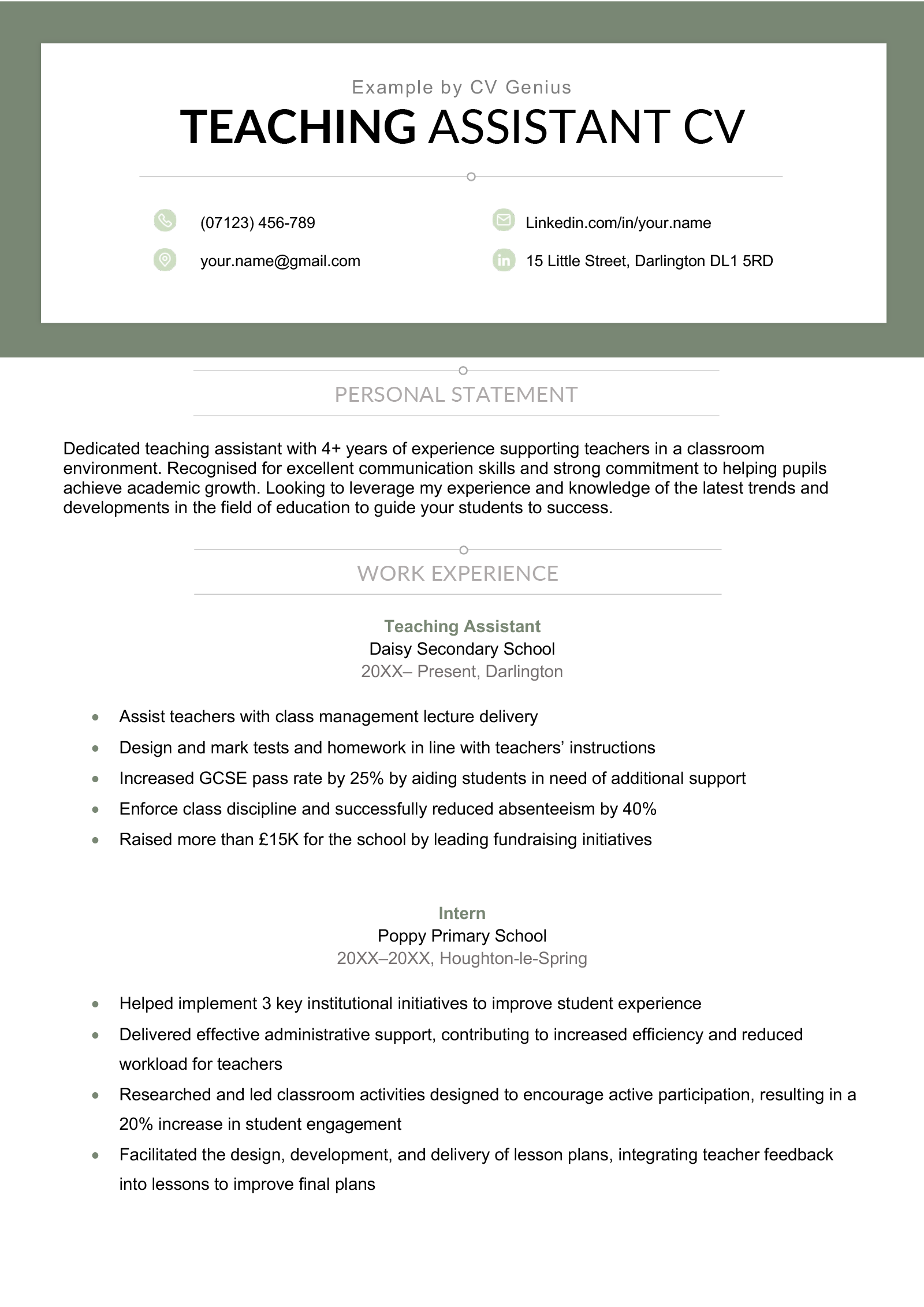 A teaching assistant CV example using a template with a header framed by a green square.