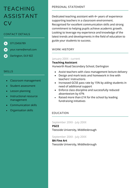A teaching assistant CV example in green.
