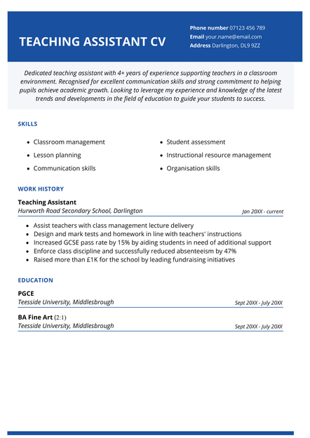 A teaching assistant CV example in navy blue.