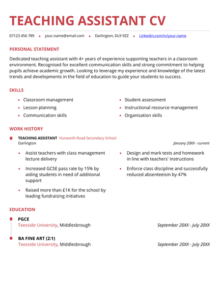A teaching assistant CV example in red.
