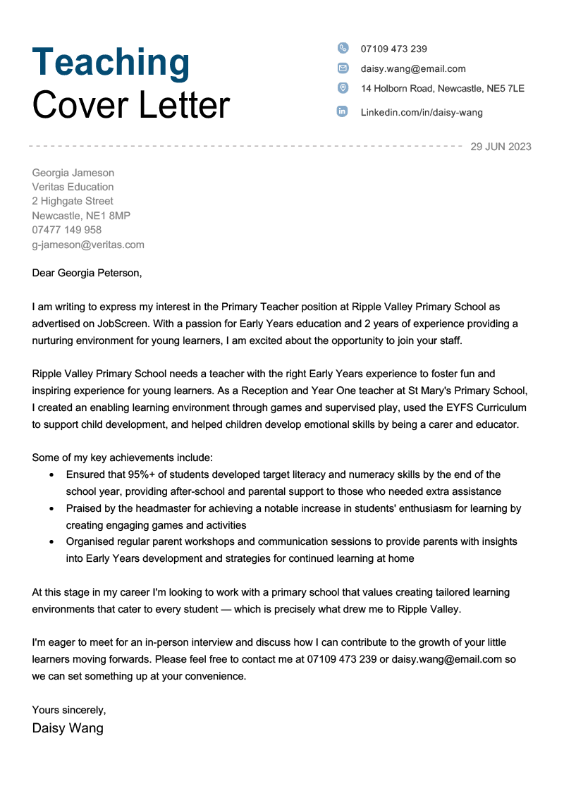 A cover letter sample showing how to write a cover letter for a teaching job.