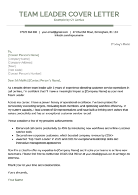 A team leader cover letter example in a green-themed template.
