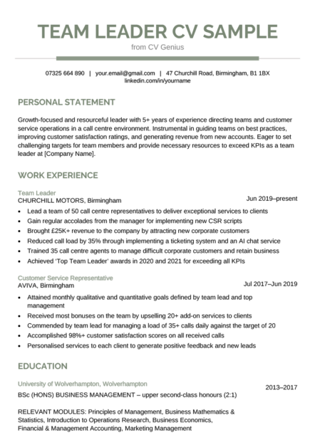 A team leader CV sample with two pages and sections for the applicant's name and contact information, personal statement, work experience, education, additional skills, and hobbies and interests