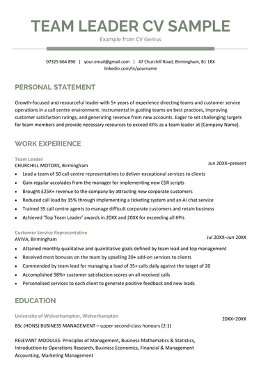 A team leader CV sample with two pages and sections for the applicant's name and contact information, personal statement, work experience, education, additional skills, and hobbies and interests
