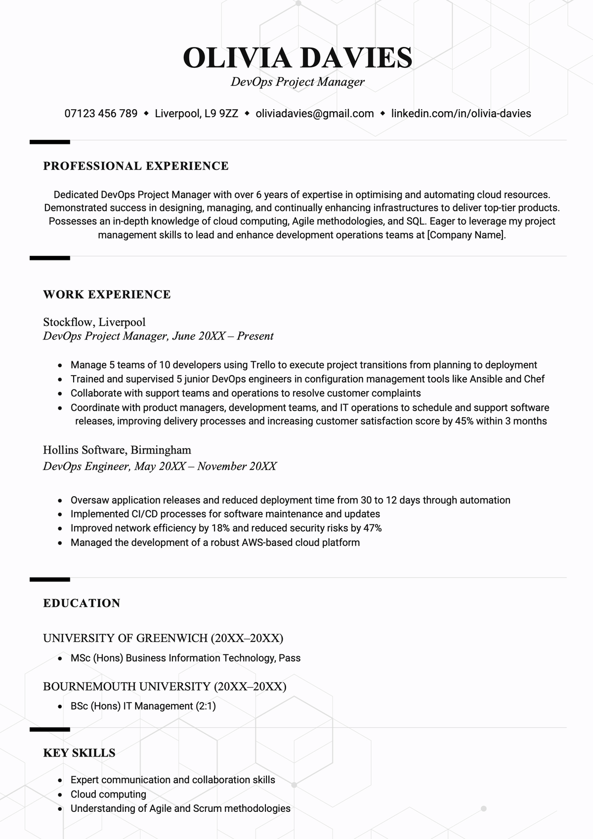 ATS-optimised CV template that uses an appropriate layout for the tech industry
