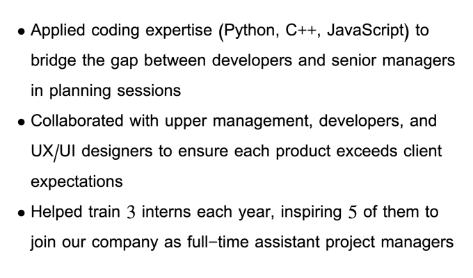 Three bullets from a technical CV that describe examples of the applicant's soft skills. They're written in black text on a white background.