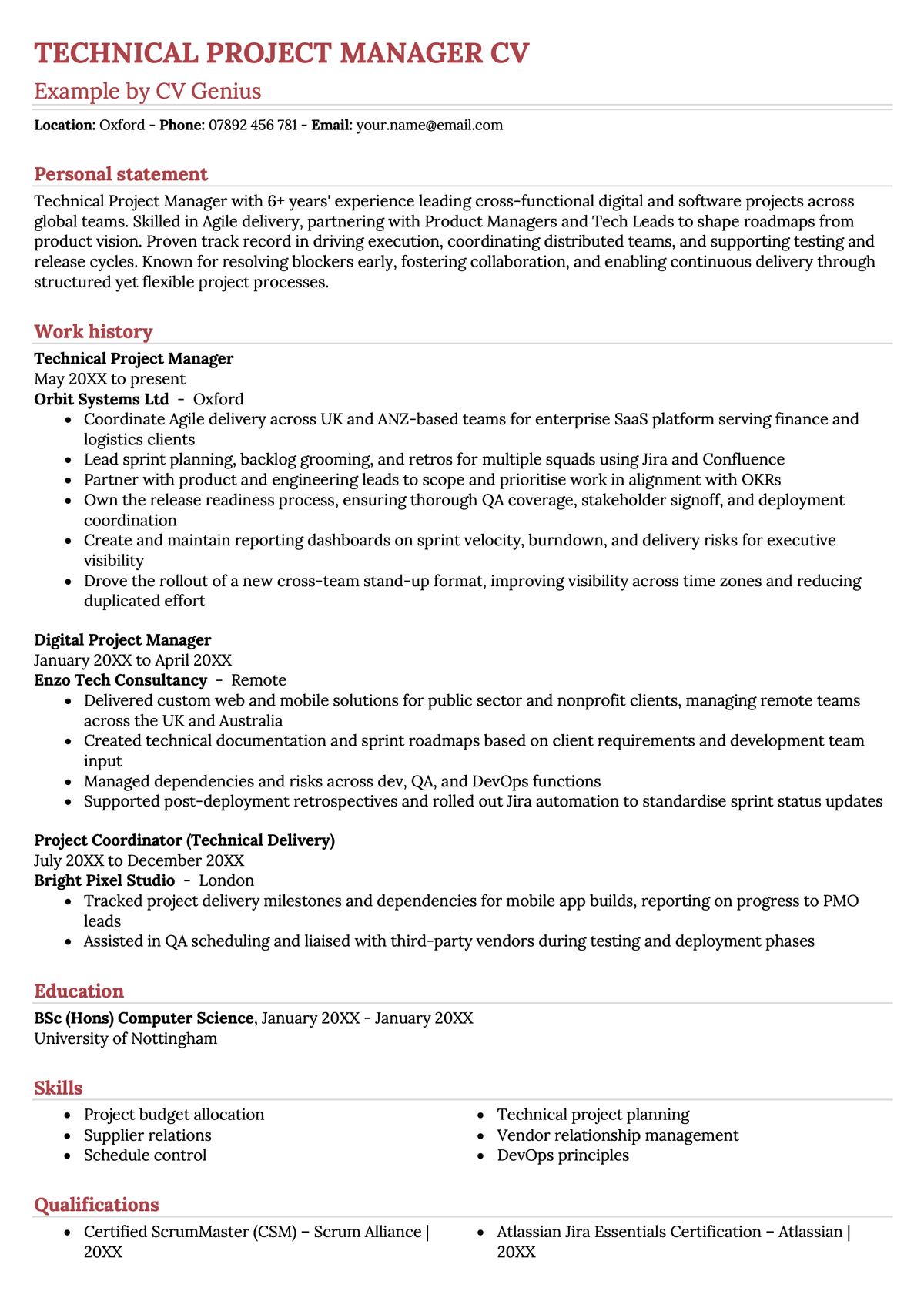 A technical project manager CV example
